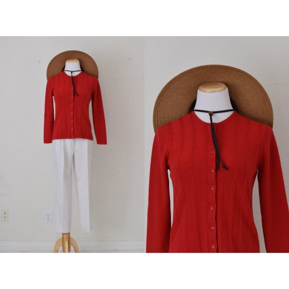 Vintage 90s‎ Acrylic Red Cable Knit Cardigan - Picture 1 of 10